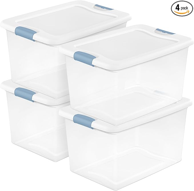 Sterilite Latching Box with Lids for Home and Office, 64 Quart, 4-Pack | Heavy-Duty and Stackable Plastic Containers with Latches for Closet, Cabinet, Bedroom, Bathroom and Dorm Room Organization