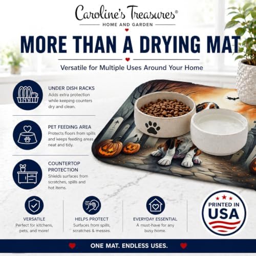 Caroline's Treasures DAC2010DDM Basset Hound Spooky Halloween Dish Drying Mat Absorbent Dish Drying Mat Pad for Kitchen Counter Dish Drainer Mat for Countertop, 14 x 21", Multicolor