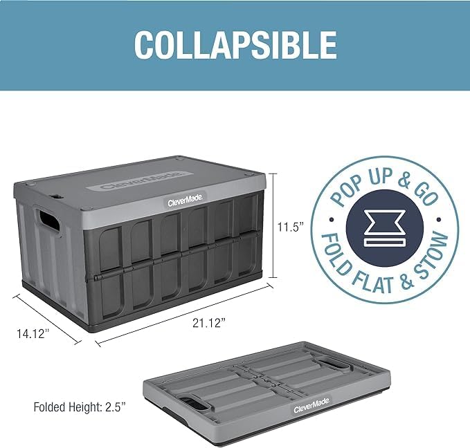 CleverMade Collapsible Storage Bins with Lids, 46L, 3 Pack, Stone | Each bin supports 75 lb and stacks with or without its lid. The lid stores underneath, and the crate folds to 2.5 inches.