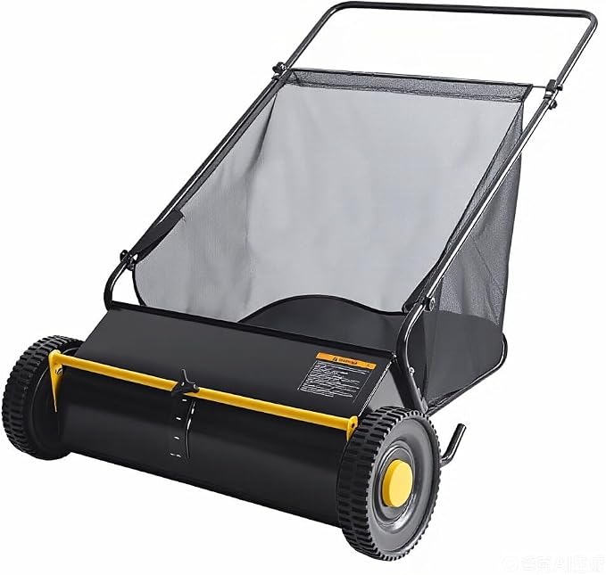 Efficient 21-Inch Push Lawn Sweeper – Thickened Steel Frame, 4 Spinning Brushes, Strong Rubber Wheels, Large 3.5 Cu.Ft Pusher, Manual Leaf & Grass Collector – Black with Yellow Hubcaps and Crossbar