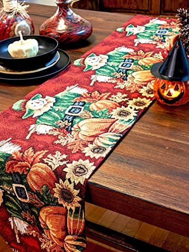 Tache Home Fashion VE12921-1TR-1390 Pumpkin Field Scarecrow Thanksgiving Autumn Harvest Country Farmhouse Vintage Decorative Woven Tapestry Table Runners, 13x90 - Image 3