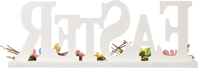 Glitzhome Plaid Wooden Easter Table Sign Decor with Flowers and Rattan, 16" L, Multi-Color