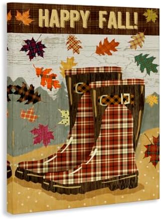 Happy Fall Plaid Boots and Foliage Rustic, 16 x 20 Inch Canvas Wall Art - Image 2