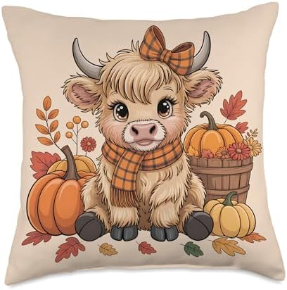 Rustic Farmhouse Highland Cow Pumpkin Fall Thanksgiving Throw Pillow by Unknown