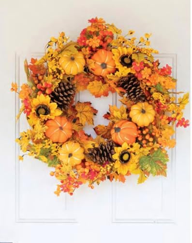 Boston International Artificial Fall Wreath Front Door & Wall Thanksgiving Decorations for Home, 26", Harvest Pumpkin - Image 2