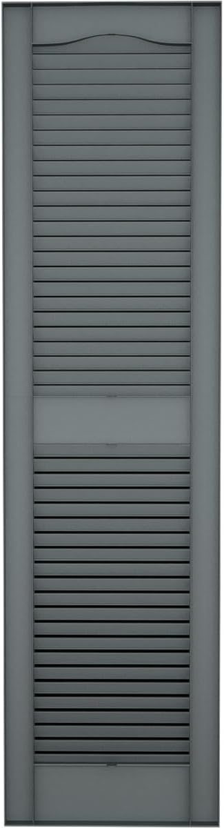 14 1/2"W x 43"H Lifetime Vinyl, Standard Cathedral Top Center Mullion, Open Louver Shutters, w/Installation Shutter-Lok's & Matching Screws (Per Pair), Storm Cloud