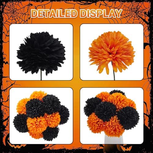 Takywep 20 Pcs Faux Chrysanthemum Set, Black Orange Fall Flowers + 2 White Vases, Table Decor for Gothic Wedding, Christmas & Halloween - Image 5