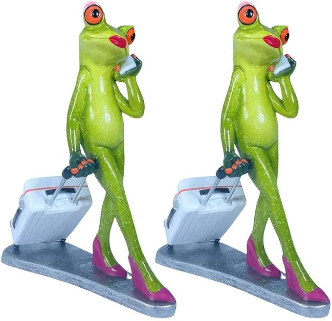ICE ARMOR 2-PC Gift Set 7" H Frog Lady Pulling Suitcase Figurine Statue Ornament Home Room Office Decor Ideas for Housewarming, Holidays and Birthdays