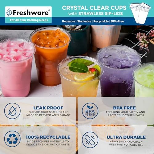 Freshware 24 oz Clear Disposable Plastic Cups with Strawless Sip Lids, 100 Pack Clear Plastic Tumblers, Heavy-duty Party Glasses, Disposable Cups for Thanksgiving, Halloween, Christmas Party - Image 6
