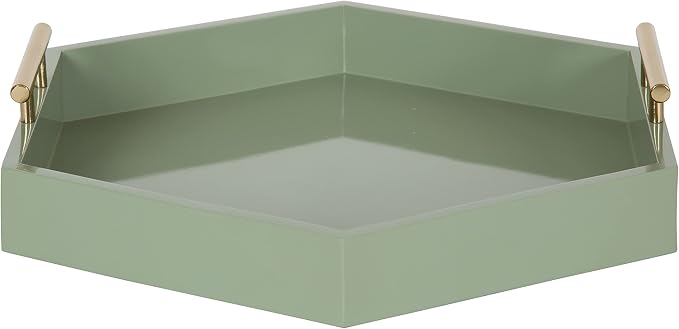 Kate and Laurel Lipton Modern Hexagon Tray; 18 x 18; Sage Green with Gold Handles; Midcentury Decorative Serving Tray for Storage and Display in Living Room Decor Scheme