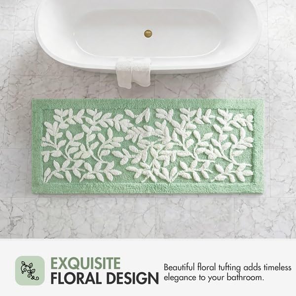 Madison Park Serene Tufted Bath Rug Cotton Absorbent, 24 x 60, Sage Green | Quick Dry, Soft Pile, Machine Washable, Floral Pattern, Plush, OEKO-TEX Certified