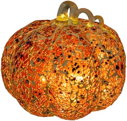 Boston International Handblown Glass Pumpkin with LED Light Thanksgiving Halloween Decorations for Home, Large, Mosaic - Image 2