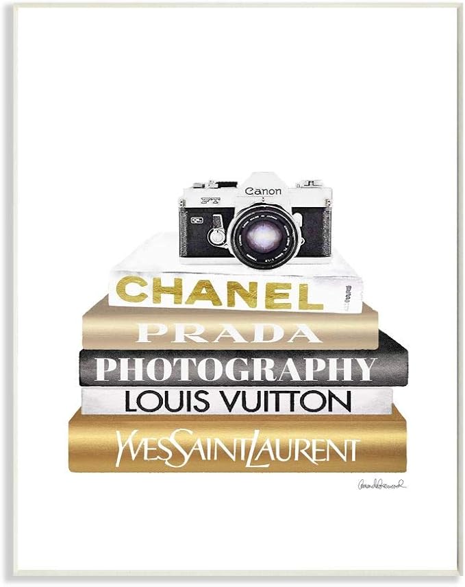 Stupell Industries 'Camera Gold Black Bookstack'| Wall Plaque Art | Stupell Industries | 10 x 15 Inches, Easy to Hang and Sturdy, Made in USA, by Amanda Greenwood