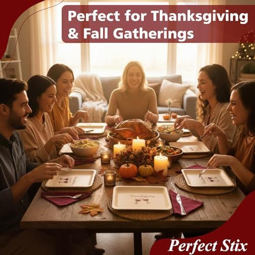 Perfect Stix Friendsgiving Plates and Napkins Set – 25 Large 10-Inch & 25 Small 7-Inch Eco-Friendly Wooden Plates with 50 Burgundy 2-Ply Dinner Napkins –Thanksgiving & Friendsgiving Gatherings - Image 7