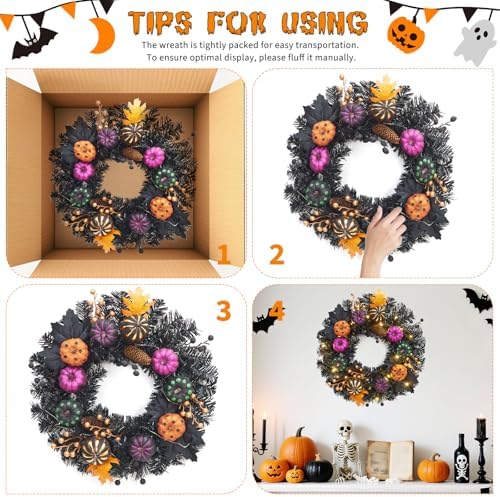 Takywep 20 Inch Halloween Wreaths for Front Door with Lights, Prelit Pumpkin Wreaths with Black Branch Berries Maple Leaves, Halloween Decorations for Indoor Outdoor Window Wall Decor - Image 4