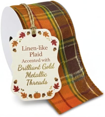 Morex Ribbon Fall Harvest Plaid Wired Ribbons, Fall Home Décor, Orange and Brown, Golden Metallic, 5 Pack 2-1/2" x 10yd - Image 4