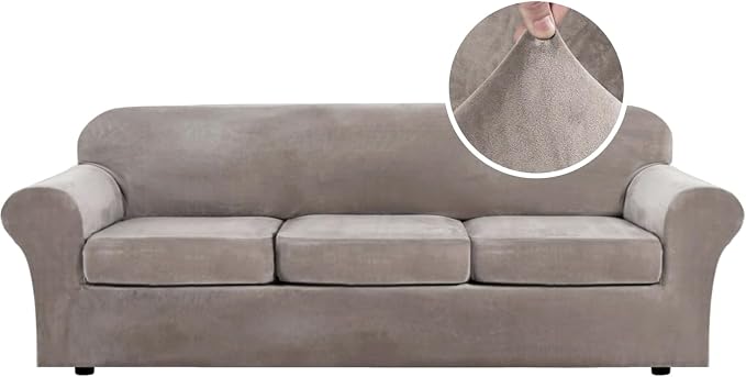 H.VERSAILTEX Velvet 4 Piece High Stretch Sofa Slipcover Cover Furniture Protector Form Fit Luxury Thick Velvet Extra Large Sofa Cover for 3 Cushion Couch Width Up to 105 Inch (XL Sofa, Taupe)