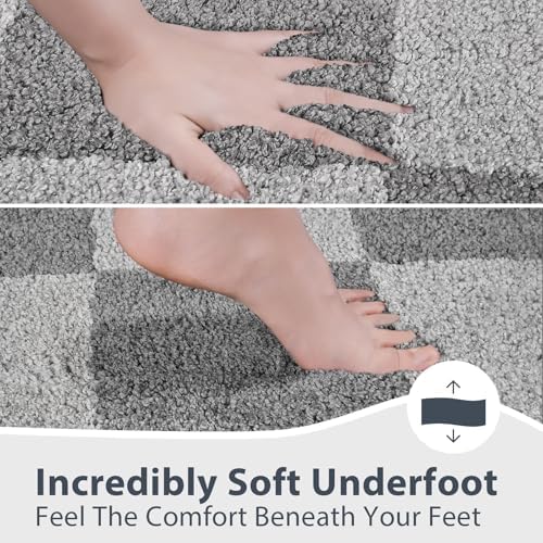 Bathroom Rugs, 30" x 46" Soft Bath Rugs, Checkered Light Grey & Grey