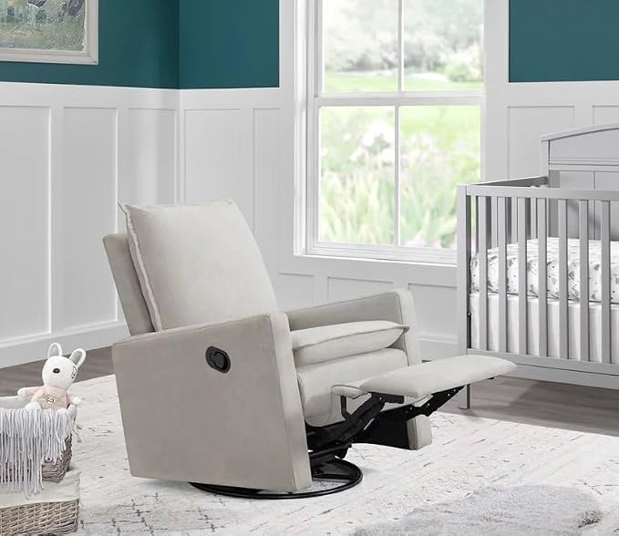 Oxford Baby Uptown Upholstered Glider Recliner Rocking Chair 360° Swivel for Nursery and Living Room - Sand, Green Guard Gold Certified
