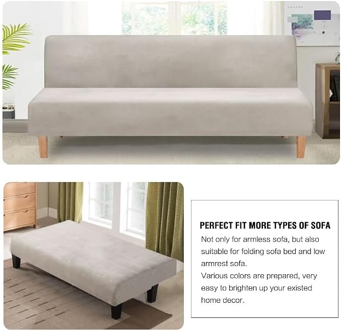 H.VERSAILTEX Real Velvet Futon Cover Armless Sofa Covers Sofa Bed Covers Stretch Futon Couch Cover Sofa Slipcover Furniture Protector Thick Soft Cozy Velvet Fabric Form Fitted Stay in Place, Oatmeal