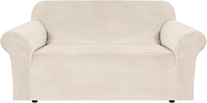H.VERSAILTEX Stretch Velvet Loveseat Covers for 2 Cushion Couch Covers for Living Room Sofa Covers Slipcovers with Non Slip Straps Bottom, Ultra Thick Comfy Velour (Width 58"-72", Ivory)