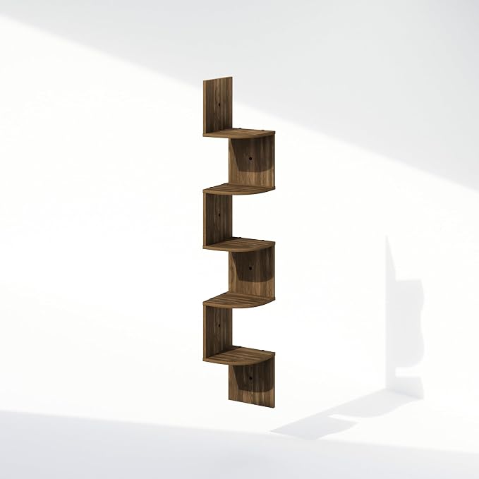 Furinno Rossi 5-Tier Floating Corner Shelf for Wall, Corner Zigzag Shelf Wall Mounted, Radial Wall Mount Shelves, for Home Office, Living Room, Bedroom, Bathroom, Columbia Walnut