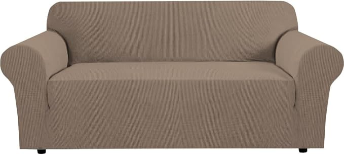 H.VERSAILTEX Stretch Couch Covers for Sofa 1 Piece Slipcovers for Couches and Sofas 3 Seater Couch Cover Feature Thick Checked Jacquard Fabric with Elastic Bottom(Sofa 72"-88" Wide, Macchiato)
