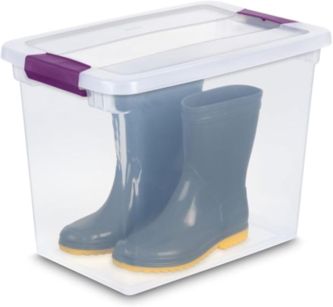 Sterilite ClearView Latch Boxes, Storage Bins with Lids, 27 Quart, 24-Pack | Clear Plastic Organizers with Color Accent Latches for Closet, Bedroom, Shelving Units, Dorm Room and Home Organization