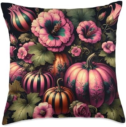 Vintage Pink Flowers Pumpkin Autumn Thanksgiving Girl Women Throw Pillow by Unknown
