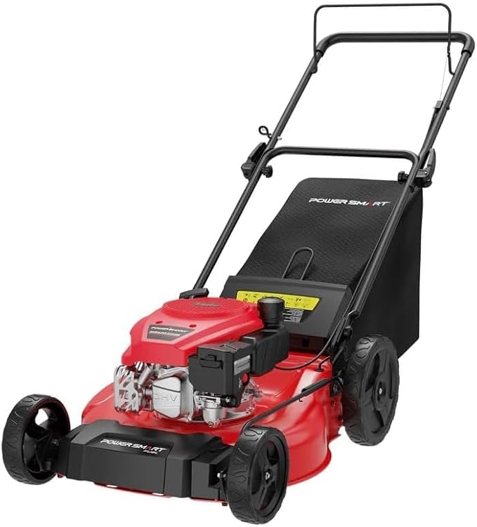 PowerSmart Gas Lawn Mower, 21-Inch Push Mower with 140cc OHV Engine, Steel Deck, 3-in-1 Bag/Mulch/Rear Discharge, 6 Height Positions, 10” Rear Wheels