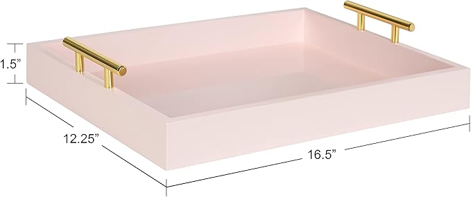 Kate and Laurel Lipton Decorative Tray with Polished Gold Metal Handles, Soft Pink