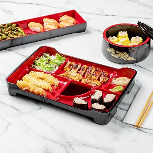 Restaurantware 5-Compartment Bento Plate, Black and Red, 14 x 9 In, 1 Ct - Image 3