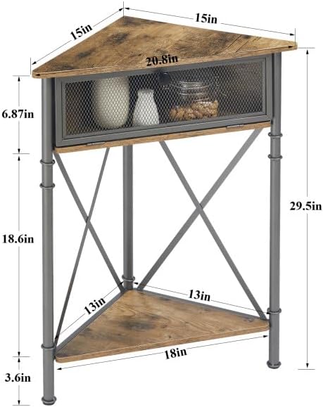 VECELO Corner Cabinet/Table, 3-Tier Display Shelves with Protection Door, Metal Frame Storage Shelf Organizer for Small Space, Living Room, Kitchen, Bathroom