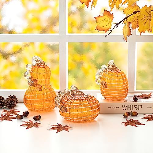 Glitzhome Hand Blown Glass Pumpkin 3pcs Fall Glass Gourd, Orange/White - Image 4