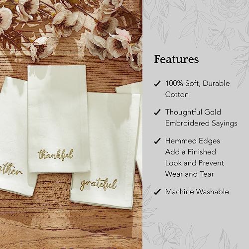 Threadmade Harvest Sentiment Embroidered Napkins, Set of 4, Ivory - 17" W x 17" L - Image 3