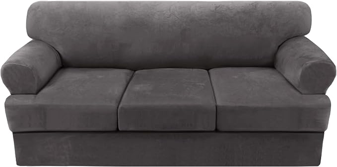 H.VERSAILTEX 4 Piece T Cushion Sofa Slipcovers Thick Velvet Stretch Couch Cover Furniture Protector for 3 Couch Covers with 3 Individual T Cushion Covers Washable, Grey