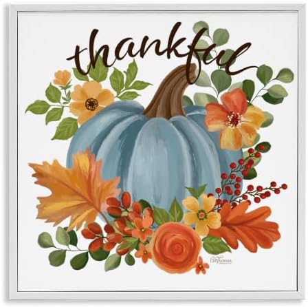 Autumnal Thankful Pumpkin Floral, 17 x 17 Inch Framed Giclée Print by StupellIndustries