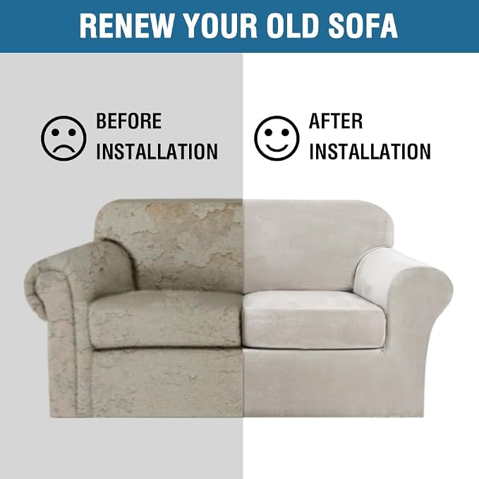 H.VERSAILTEX Real Velvet Plush 3 Piece Stretch Sofa Covers Couch Covers for 2 Cushion Couch Loveseat Covers Width Up to 72 Inch Thick Stay in Place (Medium Sofa, Oatmeal)
