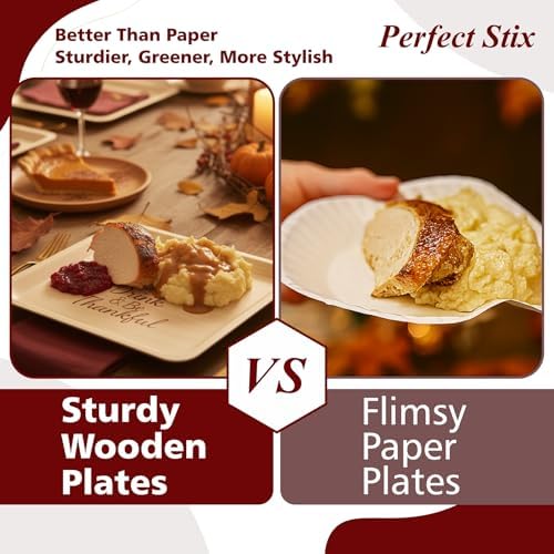 Perfect Stix 10-Inch Wooden Plates with “Eat Drink & Be Thankful” Printed in Burgundy – Eco-Friendly Disposable Dinner Plates – Fall Tableware for Thanksgiving & Friendsgiving Parties – Pack of 25 - Image 4