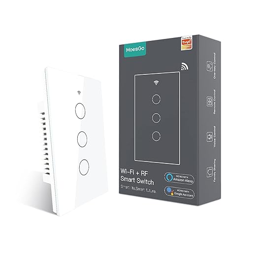 MoesGo WiFi Smart Wall Light Switch,Glass Panel, Multi-Control(3 Way), 2.4GHz Wi-Fi Touch Switches, Neutral Wire Required, Remote Control Smart Life/Tuya App, Work with Alexa, Google Home White 3 Gang