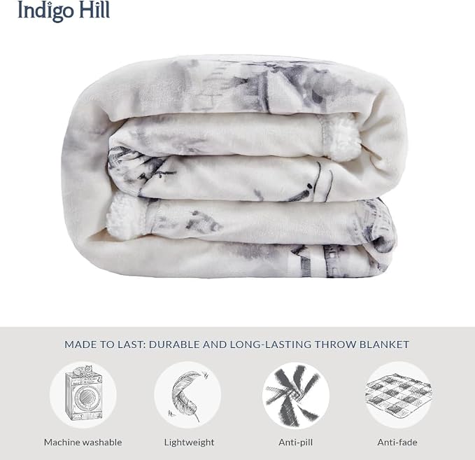Indigo Hill by HiEnd Accents Ski Toile Sherpa Throw Blanket, Snow Mountain Pine Tree Ski Season Print Blanket for Camping Outdoor, Cabin Lodge Fleece Blanket for Couch, Sofa, Bed, 54x68 inch