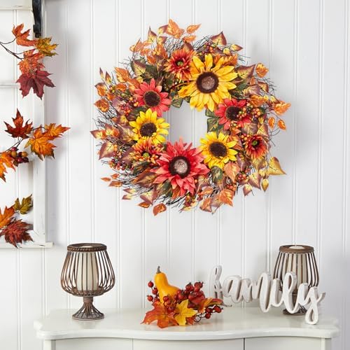 24 Inch Fall Wreath for Front Door, Harvest Wreath with Sunflower, Berries, Leaves, Autumn Wreath for Thanksgiving Farmhouse Harvest Indoor and Outdoor - Image 2