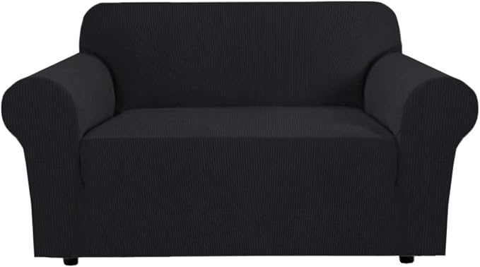 H.VERSAILTEX Stretch Couch Cover Slip Covers for Sofas/Couches 2 Cushions Pet Couch Covers for Sofa 1 Piece with Elastic Bottom, Textured Checked Jacquard Fabric(Loveseat 58"-70" Wide, Black)
