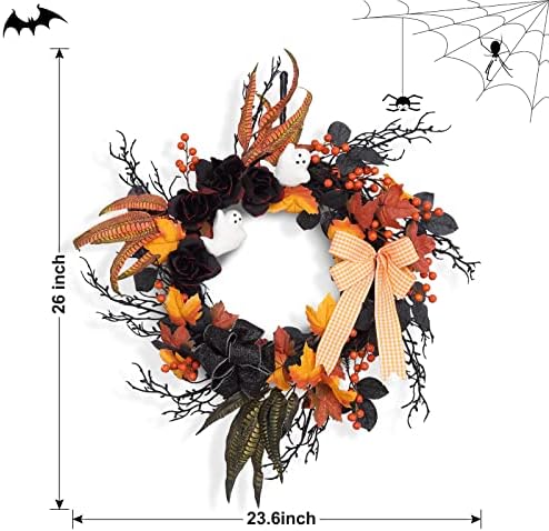 Takywep 26 Inch Halloween Wreaths for Front Door, Ghost Wreath with Black Roses Feathers and Maple Leaves, Spooky Indoor Outdoor Door Hanging Decorations Porch Wall Home Decor - Image 6