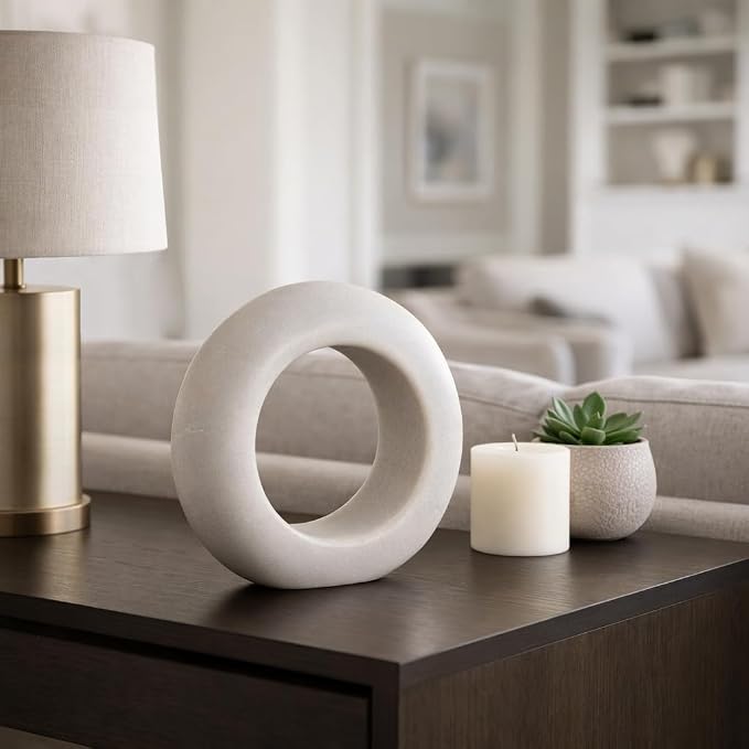 Ring Stone Marble Wood Sculpture – Room Decor Accent Sculpture, Tabletop Interior Decorative Object for Living Room or Office – Modern Circular Design, Outdoor Home Decor – 10", White
