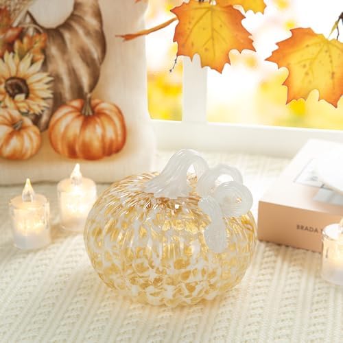 Glitzhome Fall Glass Pumpkin Decor Hand Blown Glass Pumpkin Table Top Home Decor for Fall Harvest & Thanksgiving Decorating, 5" H, Amber