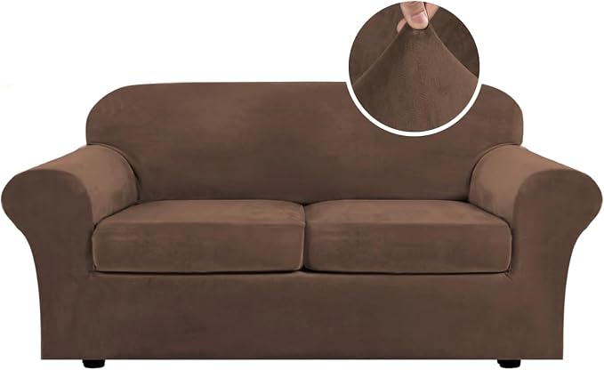 H.VERSAILTEX Real Velvet Plush 3 Piece Stretch Sofa Covers Couch Covers for 2 Cushion Couch Sofa Slipcovers Width Up to 90 Inch Thick Soft Stay in Place (Large Sofa, Caramel Cafe)