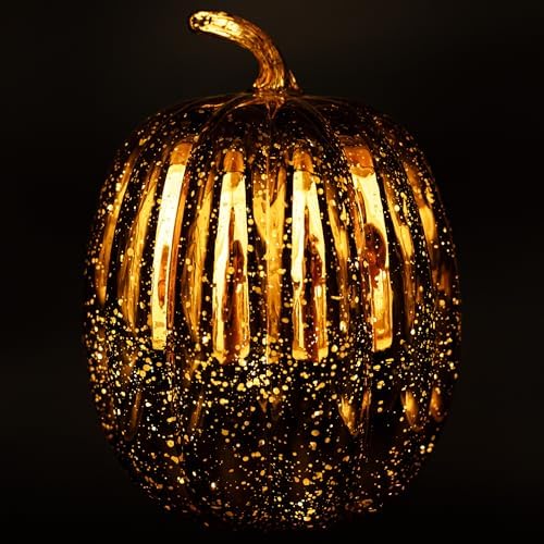 Boston International Handblown Glass Pumpkin with LED Light Thanksgiving Halloween Decorations for Home, Large, Orange Starry - Image 2