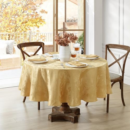 Elegant Woven Leaves Jacquard Damask Tablecloth, Gold - 60" W x 84" L Oval