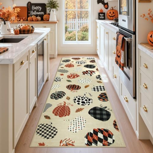 2x6 Beige Halloween Fall Pumpkin Print Hallway Runner Rug for Kitchen - Image 3